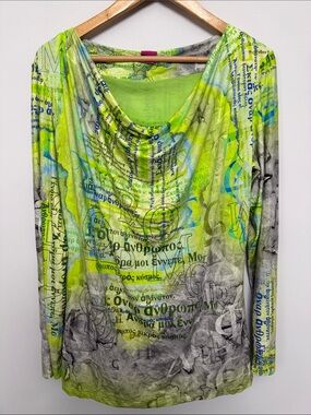 Save The Queen Lime Green Printed Draped Neck Long Sleeve Top